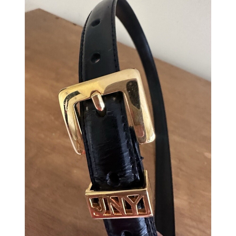 Vintage Jones New York Black Leather Belt Gold Logo Buckle Belt 280001 Small
